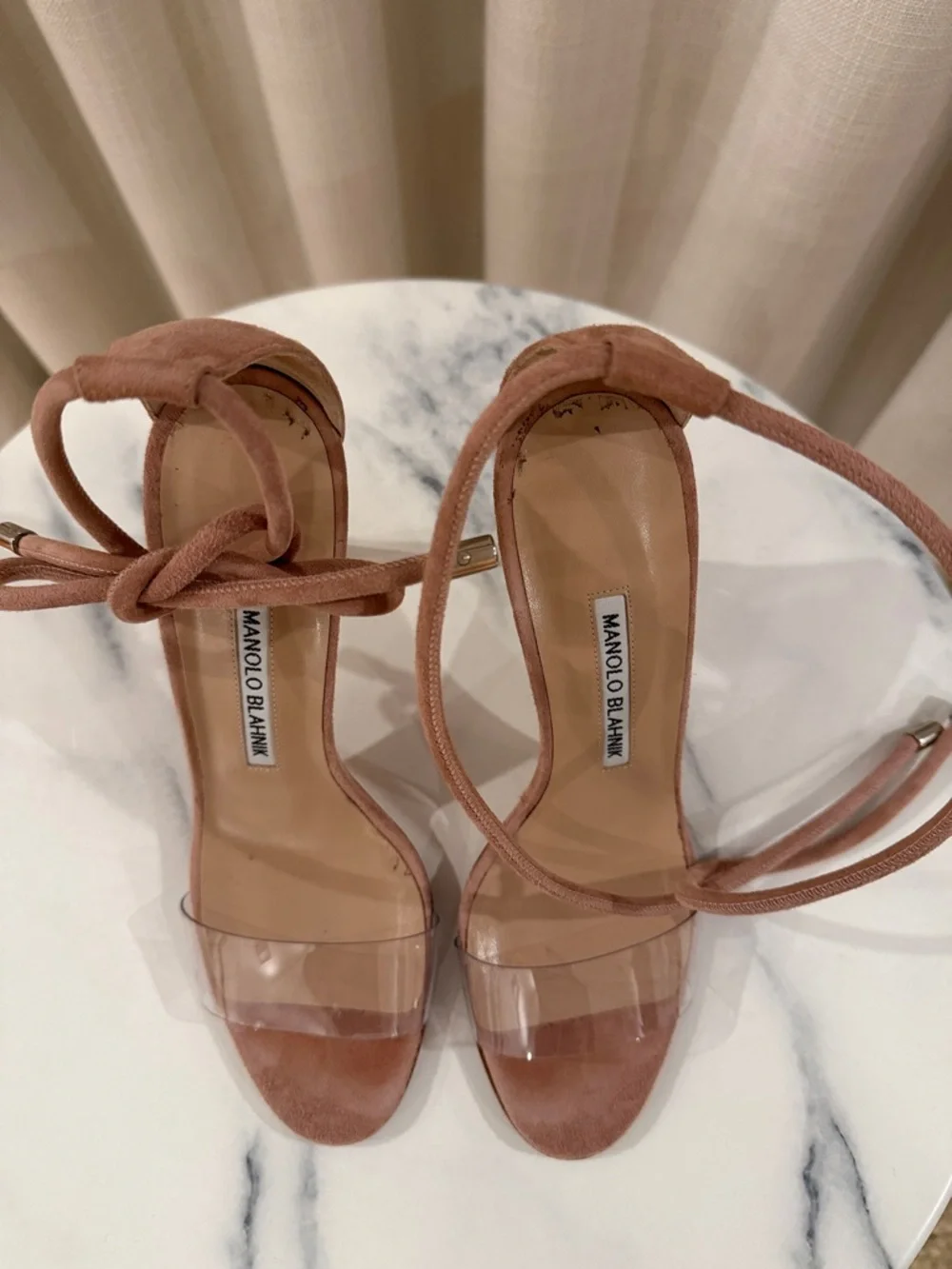 Manolo Blahnik Tan Suede & Clear PVC Ankle-Tie Sandals - Picture 2 of 8